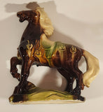 Vintage Chinese Tang Dynasty Brown War Horse with White Mane with Saddle and Medallions Glazed 12 3/4" Ceramic Figurine