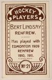 1991 Hockey Immortals C55 A Lancaster Reprint 1911-12 Imperial Tobacco Hockey Players No. 21 Bert Lindsay Renfrew Mini Sports Trading Card