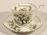 Vintage 1970s Royal Albert Flower of the Month Series January Snowdrops White Flowers Bone China Tea Cup & Saucer Set