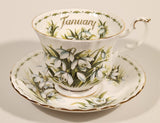 Vintage 1970s Royal Albert Flower of the Month Series January Snowdrops White Flowers Bone China Tea Cup & Saucer Set