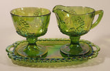 Vintage Indiana Carnival Glass Grapes Iridescent Green Creamer and Sugar Bowl Set with Tray