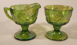 Vintage Indiana Carnival Glass Grapes Iridescent Green Creamer and Sugar Bowl Set with Tray