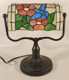 Vintage Blue Hummingbird Red and Blue Flowers Themed 12" Tall Stained Glass Banker's Lamp Style Table Lamp