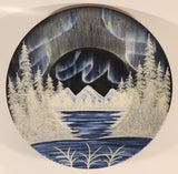Vintage Judy Hartman North Pole Alaska Hand Painted in Oils Lake View Snow Capped Mountains and Trees with Northern Lights 14" Metal Gold Pan