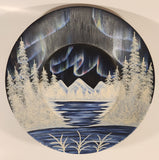 Vintage Judy Hartman North Pole Alaska Hand Painted in Oils Lake View Snow Capped Mountains and Trees with Northern Lights 14" Metal Gold Pan