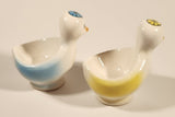 Vintage Yellow And Blue Duck with Bow Ties and Caps 3 1/4" Hand Painted Ceramic Egg Cup Holders Set of 2