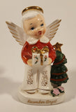 Vintage Gift Craft December Angel Holding Present Next To Christmas Tree Hand Painted 4 1/2" Fine China Figurine
