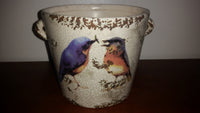 Vintage Crackle Stoneware Flower Pot with Handles Painted with blue birds sharing an insect - Treasure Valley Antiques & Collectibles