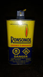 Vintage Late 1970s Ronsonol Lighter Fuel 8 oz fl 227ml English French Tin Canister (Some inside) - Treasure Valley Antiques & Collectibles