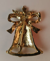 1970s Christmas Bell Ribbon & Holly Brooch Red Gold Green - Treasure Valley Antiques & Collectibles
