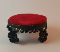 Vintage 1960s Miniature Doll House Rolled Tin Can Red Velvet Upholstered Footstool - Treasure Valley Antiques & Collectibles