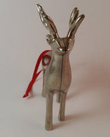 Vintage Silver Plated Pottery Barn Reindeer Ornament with Red Ribbon Hanging - Treasure Valley Antiques & Collectibles