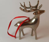 Vintage Silver Plated Pottery Barn Reindeer Ornament with Red Ribbon Hanging - Treasure Valley Antiques & Collectibles