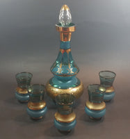 1960s Bohemia Crystal Czechoslovakia Aqua Turquoise Gold Gilt Decanter Set with 5 Glasses - Treasure Valley Antiques & Collectibles