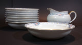 1925 Noritake Made in Japan Blue Floral Bells Pink Rose Gold Trim Creamer with Eight 5 1/4" Bowls - Treasure Valley Antiques & Collectibles