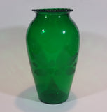 Vintage 1950s Anchor Hocking Emerald Green Etched Flower and Leaves Glass Vase - Treasure Valley Antiques & Collectibles