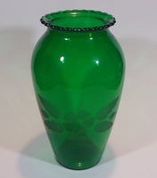 Vintage 1950s Anchor Hocking Emerald Green Etched Flower and Leaves Glass Vase - Treasure Valley Antiques & Collectibles