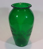 Vintage 1950s Anchor Hocking Emerald Green Etched Flower and Leaves Glass Vase - Treasure Valley Antiques & Collectibles