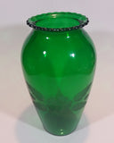 Vintage 1950s Anchor Hocking Emerald Green Etched Flower and Leaves Glass Vase - Treasure Valley Antiques & Collectibles