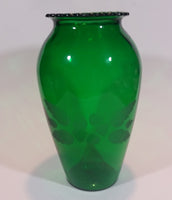 Vintage 1950s Anchor Hocking Emerald Green Etched Flower and Leaves Glass Vase - Treasure Valley Antiques & Collectibles