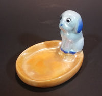 Antique Noritake Figural Blue Dog Sitting on Peach Luster Lustreware Ring Pin Tray Dish - Japan - Treasure Valley Antiques & Collectibles