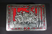 1950s Riley's Rum & Butter Toffee Medieval Hunting Scene Embossed Red Tin with Original Sticker