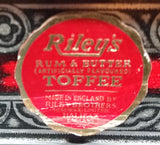 1950s Riley's Rum & Butter Toffee Medieval Hunting Scene Embossed Red Tin with Original Sticker - Treasure Valley Antiques & Collectibles