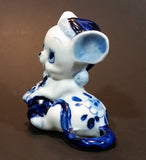 Vintage 1970s Enesco Delft Blue Style Handpainted Floral Decorated Cute Mouse Figurine - Treasure Valley Antiques & Collectibles