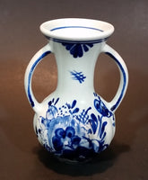 Vintage Delfts Blauw Hand Painted Blue and White Flower Decor Double Handled 4" Vase - Treasure Valley Antiques & Collectibles