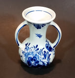 Vintage Delfts Blauw Hand Painted Blue and White Flower Decor Double Handled 4" Vase - Treasure Valley Antiques & Collectibles