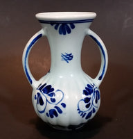 Vintage Delfts Blauw Hand Painted Blue and White Flower Decor Double Handled 4" Vase - Treasure Valley Antiques & Collectibles