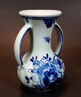 Vintage Delfts Blauw Hand Painted Blue and White Flower Decor Double Handled 4" Vase - Treasure Valley Antiques & Collectibles