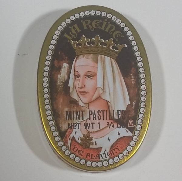 1980s Troubat Flavigny La Reine de Flavign Mint Pastilles Hard Candy Tin top Plastic base 1 3/4 oz - Treasure Valley Antiques & Collectibles