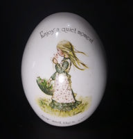 1970s Holly Hobbie "Enjoy a quiet moment now and then" Porcelain Ceramic Egg - Treasure Valley Antiques & Collectibles