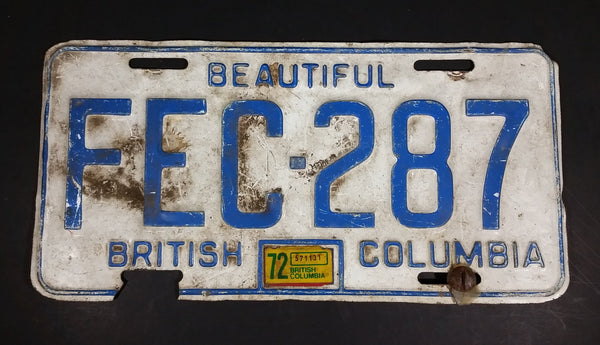 1972 Beautiful British Columbia White with Blue Letters Vehicle License Plate - Treasure Valley Antiques & Collectibles