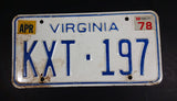 1978 Virginia White with Blue Letters Vehicle License Plate - Treasure Valley Antiques & Collectibles