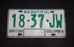 c. 1986 Beautiful British Columbia White with Green Letters Vehicle License Plate 18 37 JW - Treasure Valley Antiques & Collectibles