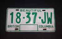 c. 1986 Beautiful British Columbia White with Green Letters Vehicle License Plate 18 37 JW - Treasure Valley Antiques & Collectibles