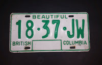 c. 1986 Beautiful British Columbia White with Green Letters Vehicle License Plate 18 37 JW - Treasure Valley Antiques & Collectibles