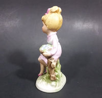 Vintage Victorian Girl with Flower Bowl Sitting on Fence Ceramic Figurine - Numbered - Taiwan - Treasure Valley Antiques & Collectibles