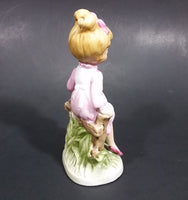 Vintage Victorian Girl with Flower Bowl Sitting on Fence Ceramic Figurine - Numbered - Taiwan - Treasure Valley Antiques & Collectibles