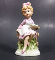 Vintage Victorian Girl with Flower Bowl Sitting on Fence Ceramic Figurine - Numbered - Taiwan - Treasure Valley Antiques & Collectibles