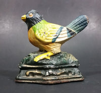 Antique Metalware Cast Iron Painted Yellow and Green Black Headed Song Bird Door Stop - Treasure Valley Antiques & Collectibles