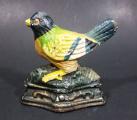 Antique Metalware Cast Iron Painted Yellow and Green Black Headed Song Bird Door Stop - Treasure Valley Antiques & Collectibles