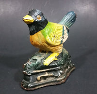 Antique Metalware Cast Iron Painted Yellow and Green Black Headed Song Bird Door Stop - Treasure Valley Antiques & Collectibles