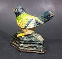 Antique Metalware Cast Iron Painted Yellow and Green Black Headed Song Bird Door Stop - Treasure Valley Antiques & Collectibles