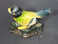 Antique Metalware Cast Iron Painted Yellow and Green Black Headed Song Bird Door Stop - Treasure Valley Antiques & Collectibles