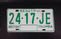 c. 1986 Beautiful British Columbia White with Green Letters Vehicle License Plate 24 17 JE - Treasure Valley Antiques & Collectibles