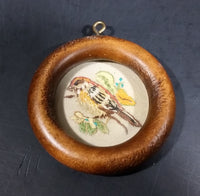 Vintage Embroidered Song Bird in Grass and Flowers in Small Round 2 7/8" Wooden Frame - Treasure Valley Antiques & Collectibles