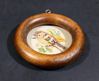 Vintage Embroidered Song Bird in Grass and Flowers in Small Round 2 7/8" Wooden Frame - Treasure Valley Antiques & Collectibles